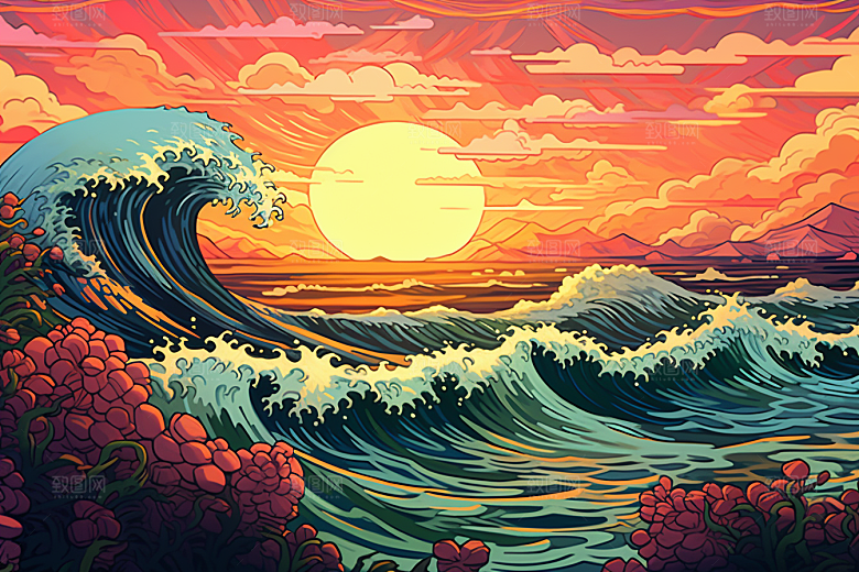 浪花浮世绘海报风彩色插画