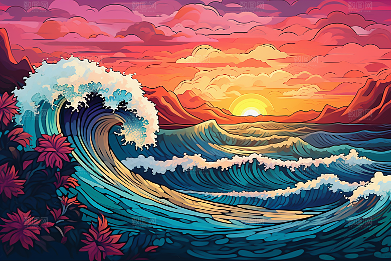 浪花浮世绘海报风彩色插画