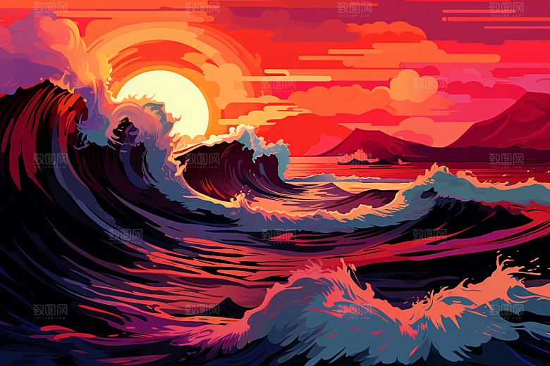 浪花浮世绘版画高清插画