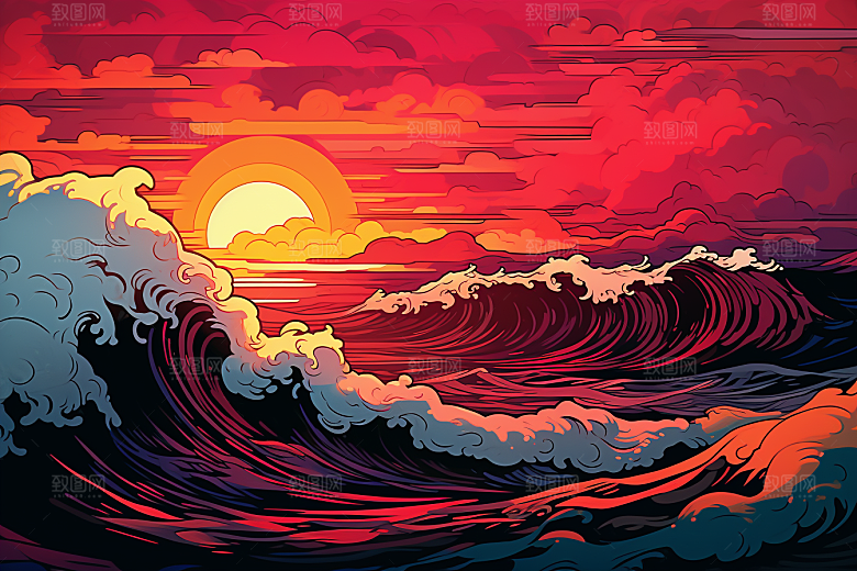 浪花浮世绘日本艺术风格彩色插画