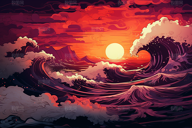 浪花浮世绘版画杂志风插画