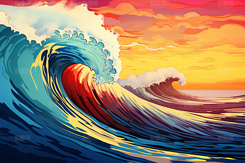浪花浮世绘日本艺术风格海报风插画