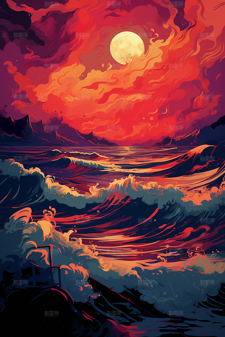 浪花浮世绘日本艺术风格海报风插画