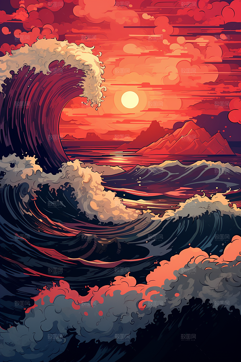浪花浮世绘版画日本艺术风格插画