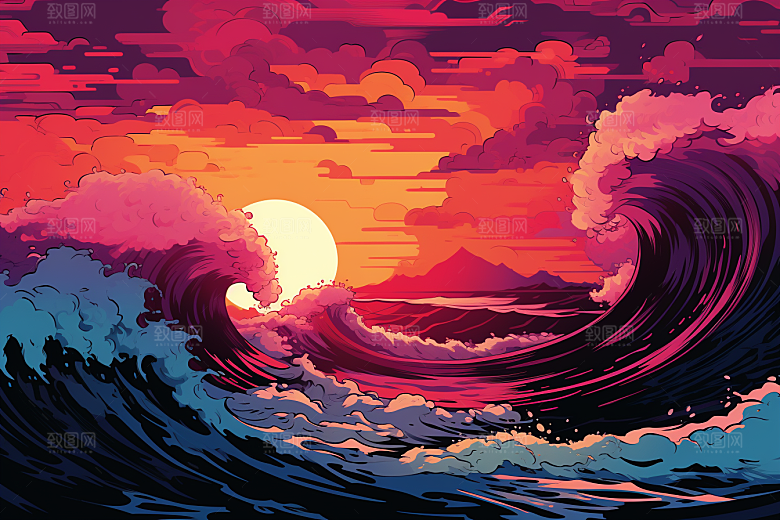 浪花浮世绘风俗画版画插画