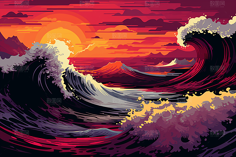 浪花浮世绘高清日本艺术风格插画