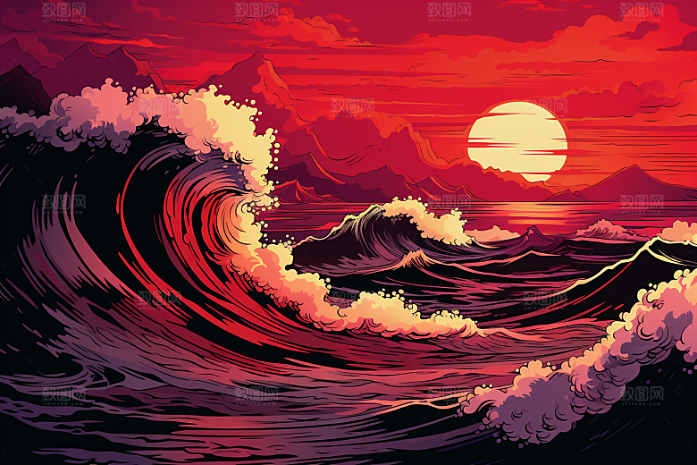 浪花浮世绘海报风版画插画