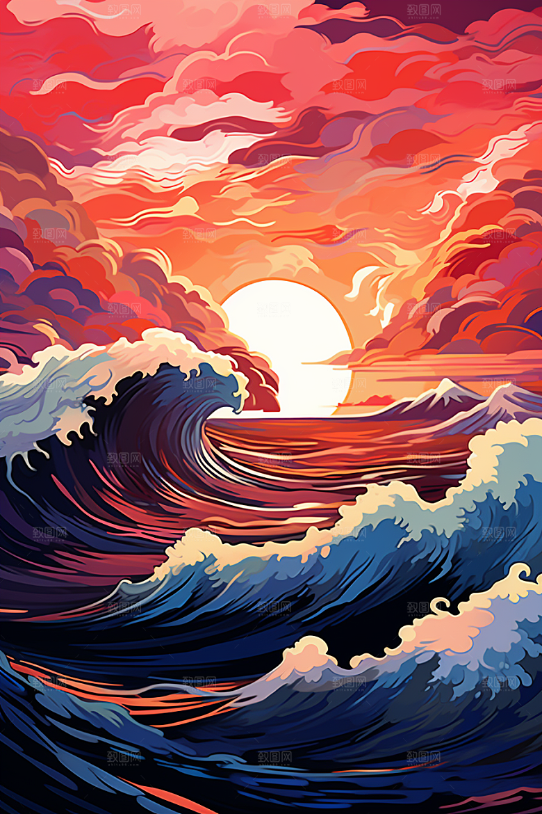 浪花浮世绘彩色日本艺术风格插画