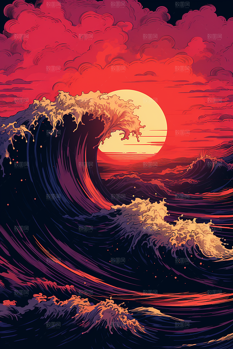 浪花浮世绘杂志风海报风插画