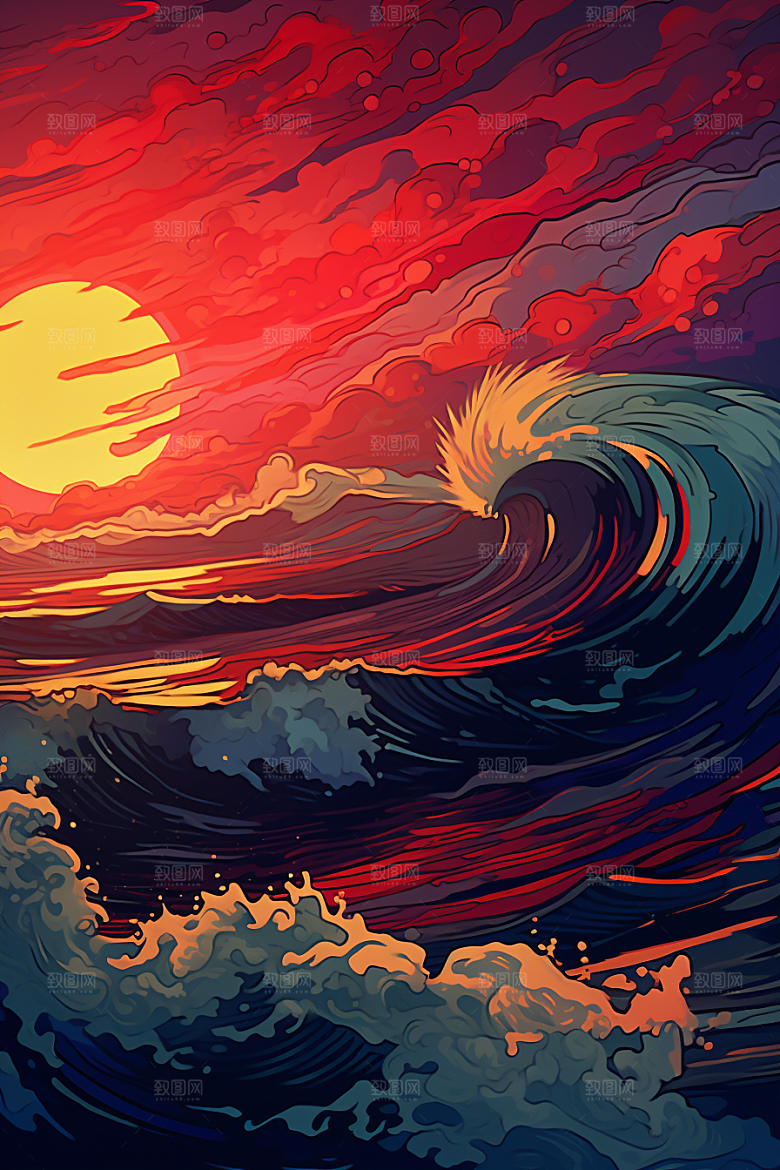 浪花浮世绘高清风俗画插画