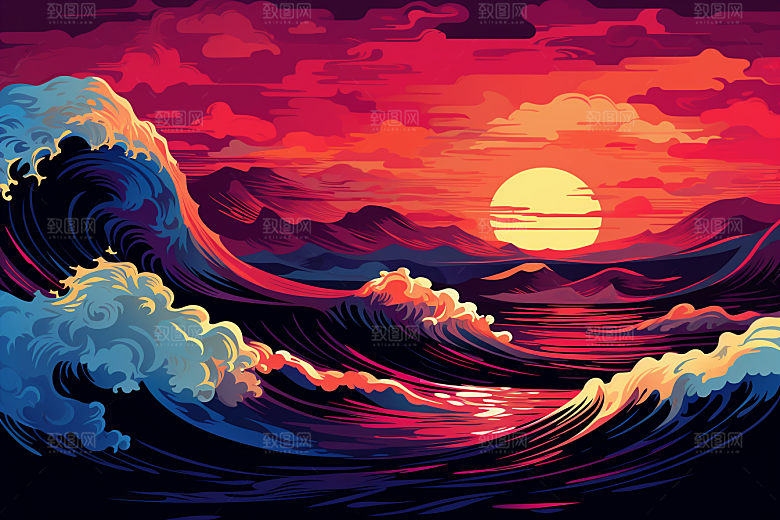浪花浮世绘杂志风高清插画