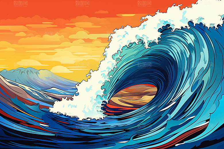 浪花浮世绘彩色风俗画插画