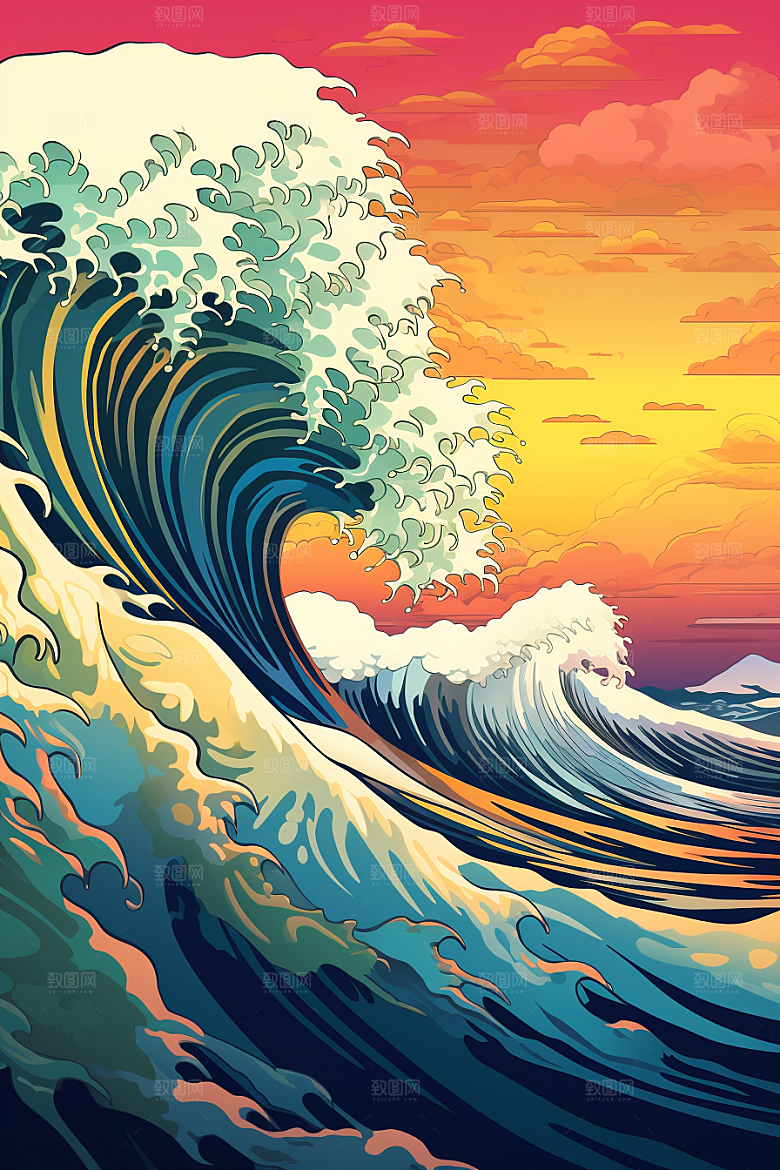 浪花浮世绘彩色杂志风插画