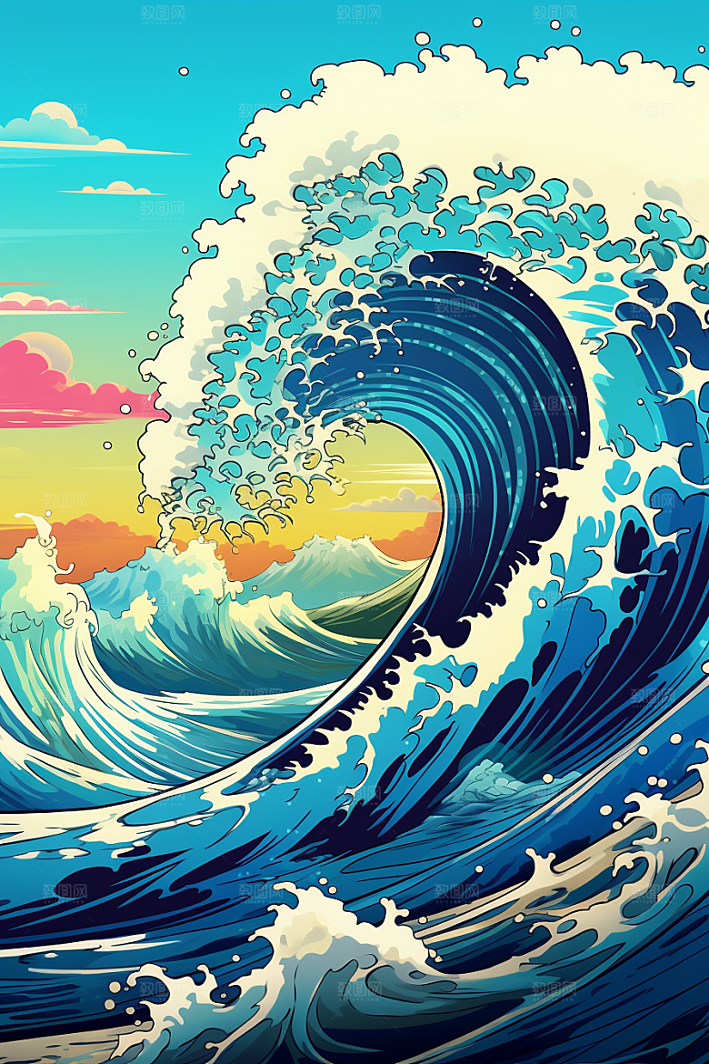 浪花浮世绘版画杂志风插画