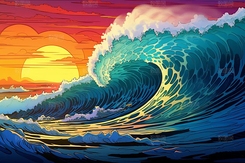 浪花浮世绘海报风彩色插画