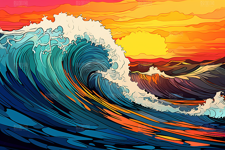 浪花浮世绘海报风版画插画