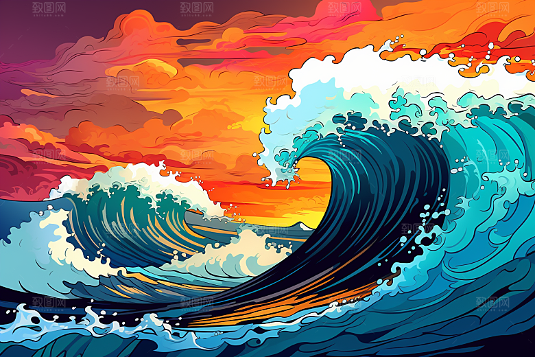 浪花浮世绘日本艺术风格彩色插画