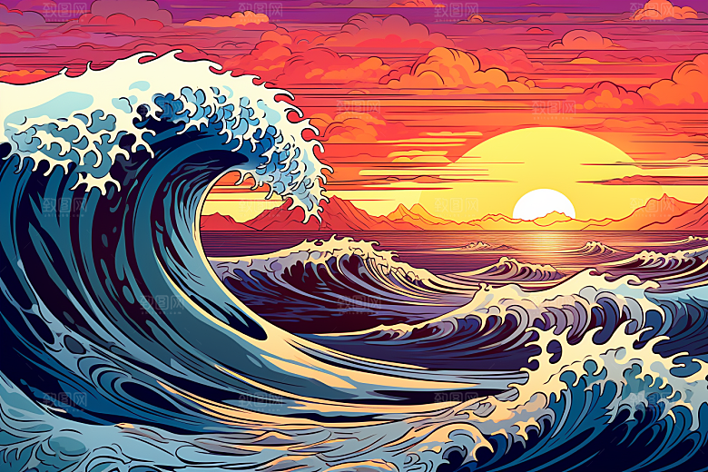 浪花浮世绘风俗画版画插画