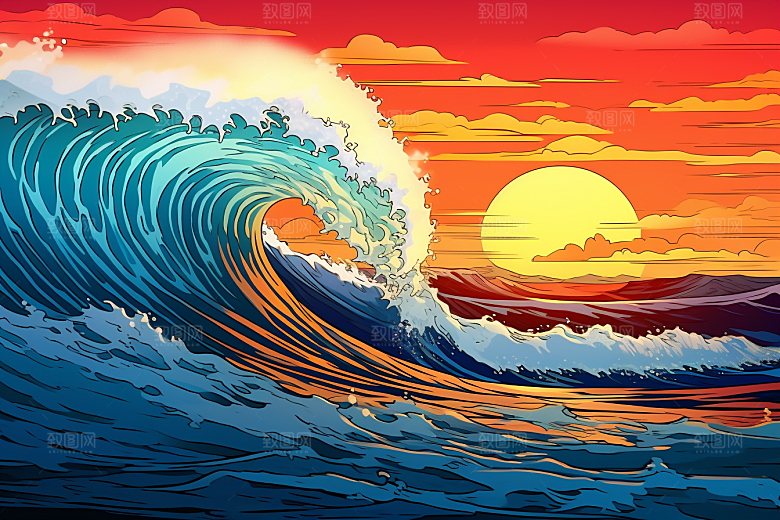 浪花浮世绘海报风杂志风插画