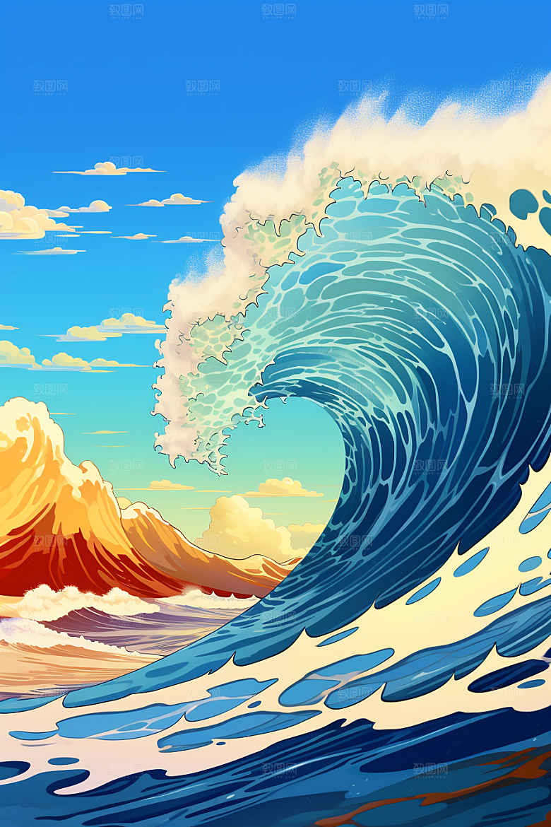 浪花浮世绘日本艺术风格彩色插画