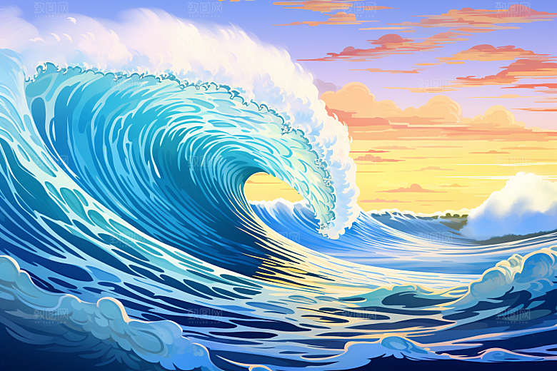 浪花浮世绘彩色风俗画插画