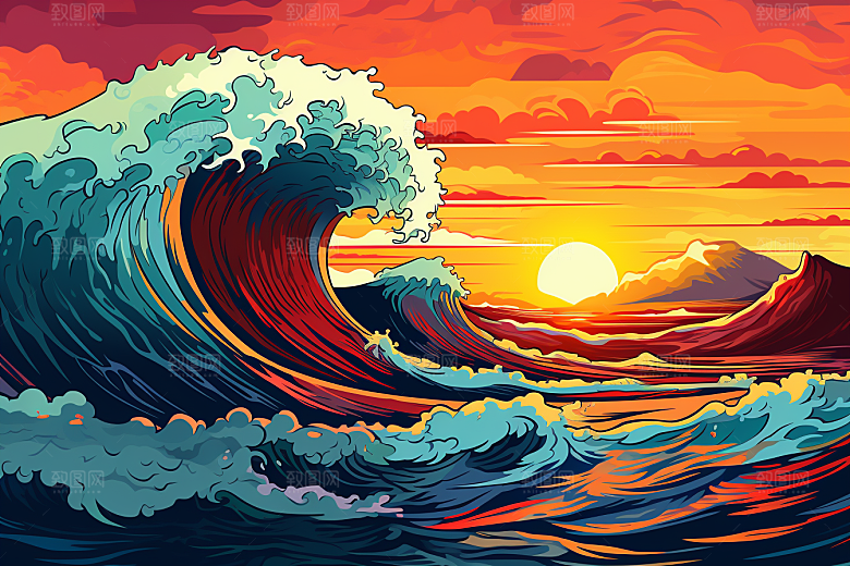 浪花浮世绘彩色版画插画
