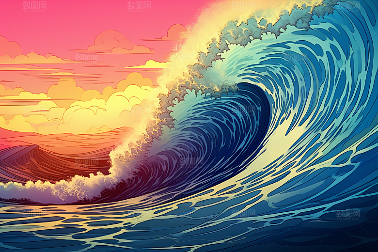 浪花浮世绘杂志风高清插画