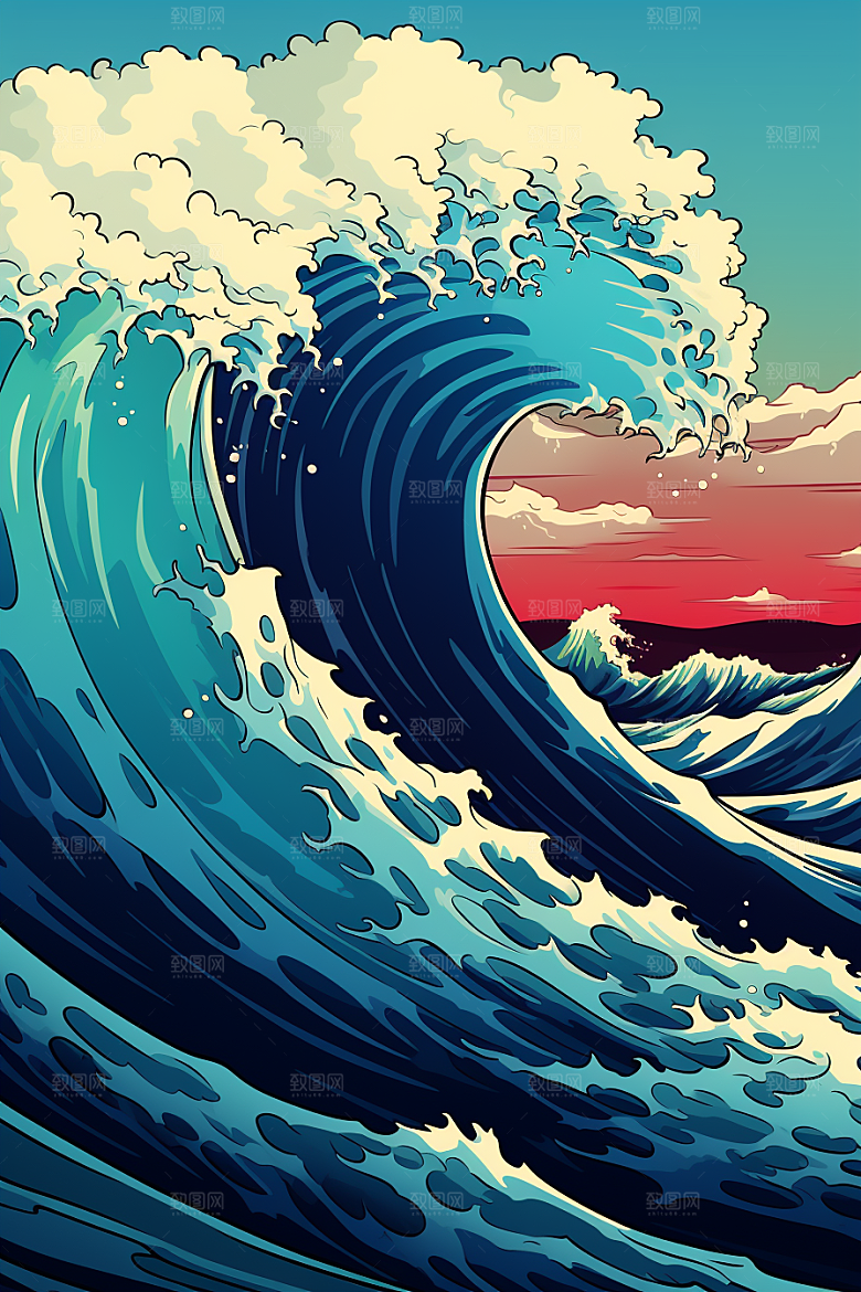 浪花浮世绘海报风高清插画