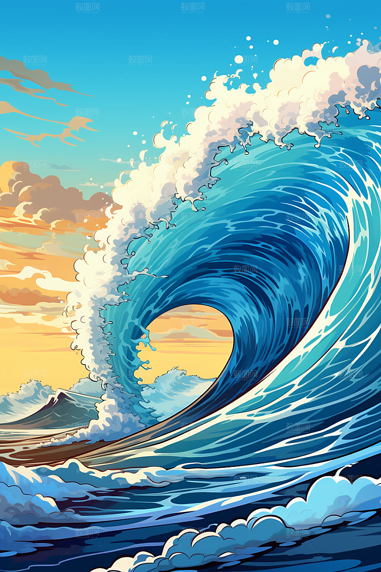 浪花浮世绘彩色日本艺术风格插画