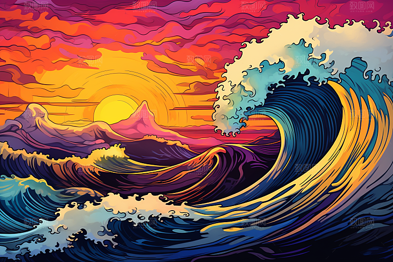 浪花浮世绘风俗画海报风插画