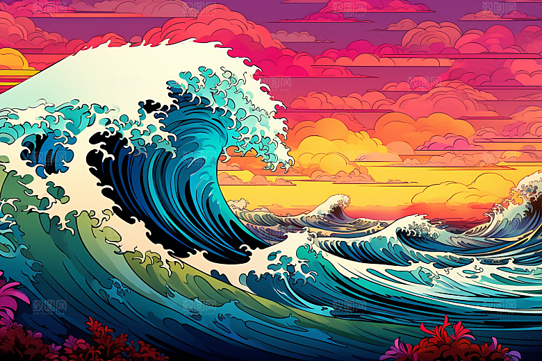 浪花浮世绘版画高清插画