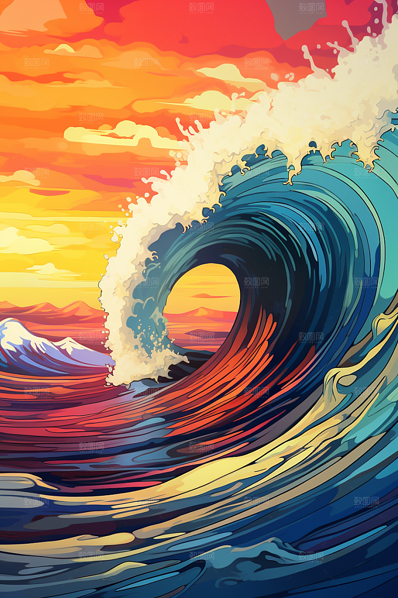 浪花浮世绘杂志风版画插画