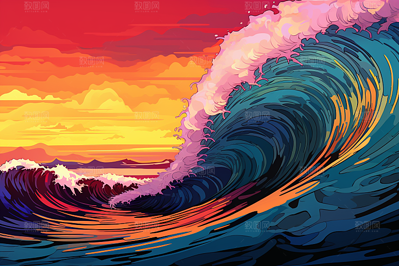 浪花浮世绘海报风高清插画