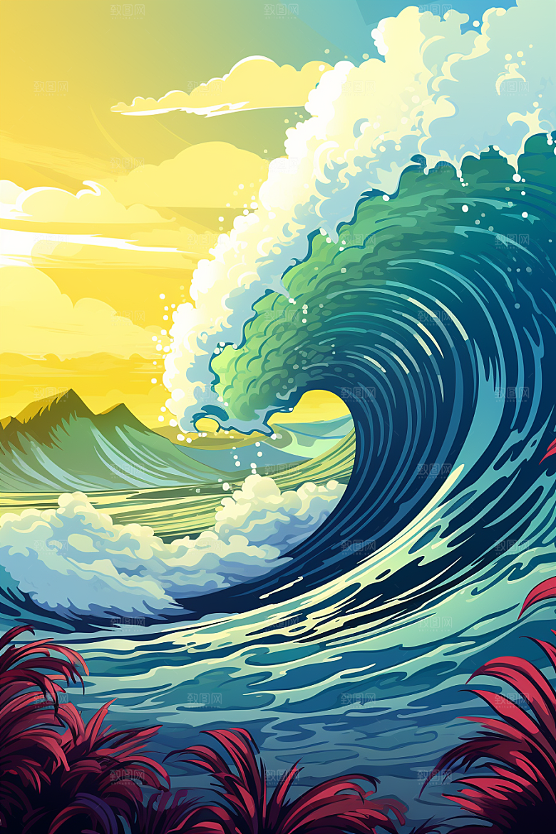 浪花浮世绘海报风彩色插画