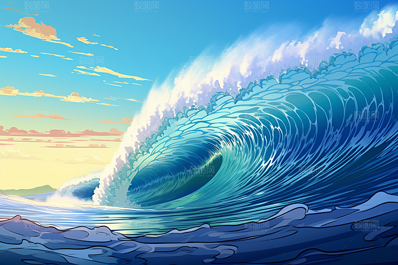 浪花浮世绘日本艺术风格彩色插画