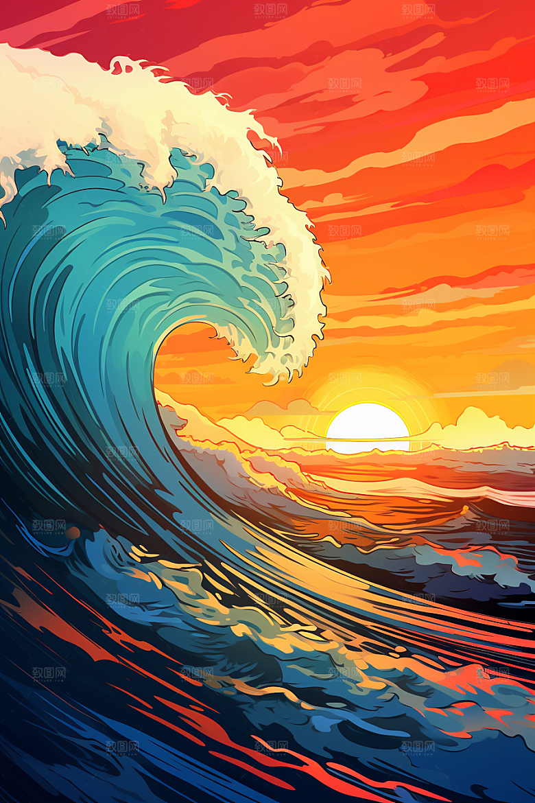 浪花浮世绘风俗画高清插画