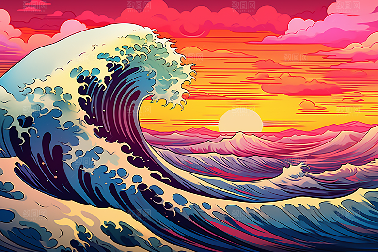 浪花浮世绘高清海报风插画