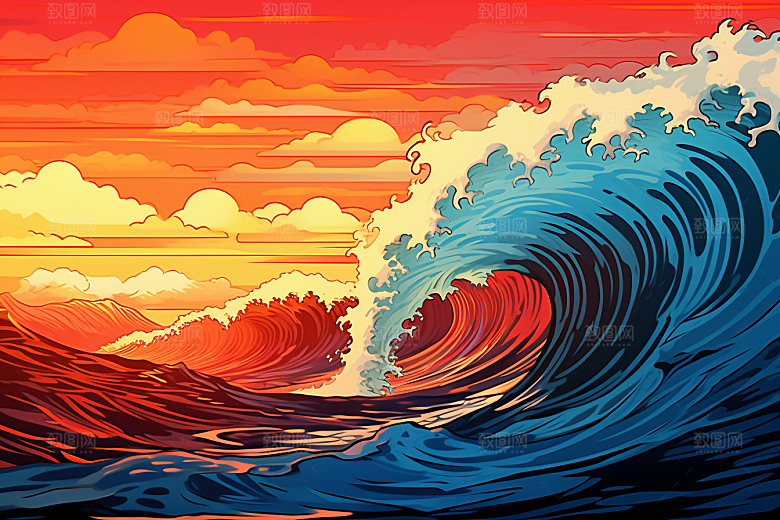 浪花浮世绘高清海报风插画