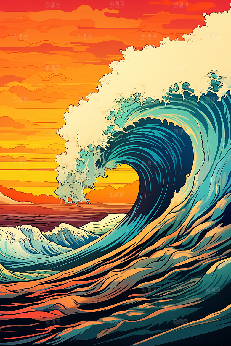 浪花浮世绘海报风日本艺术风格插画