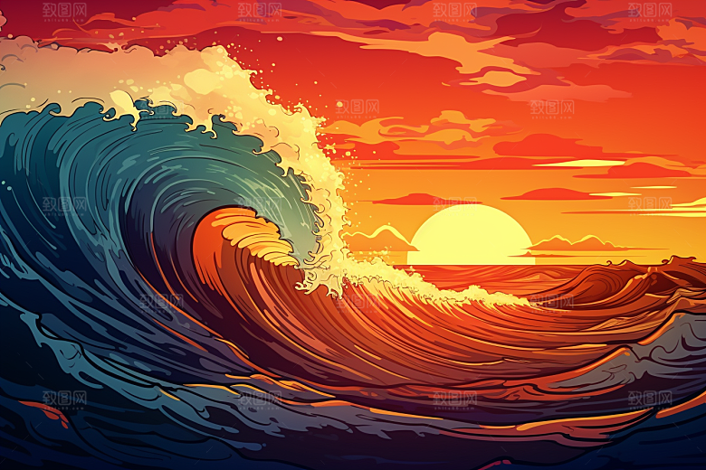 浪花浮世绘日本艺术风格版画插画