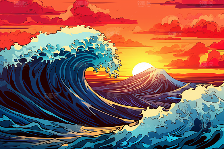 浪花浮世绘海报风杂志风插画