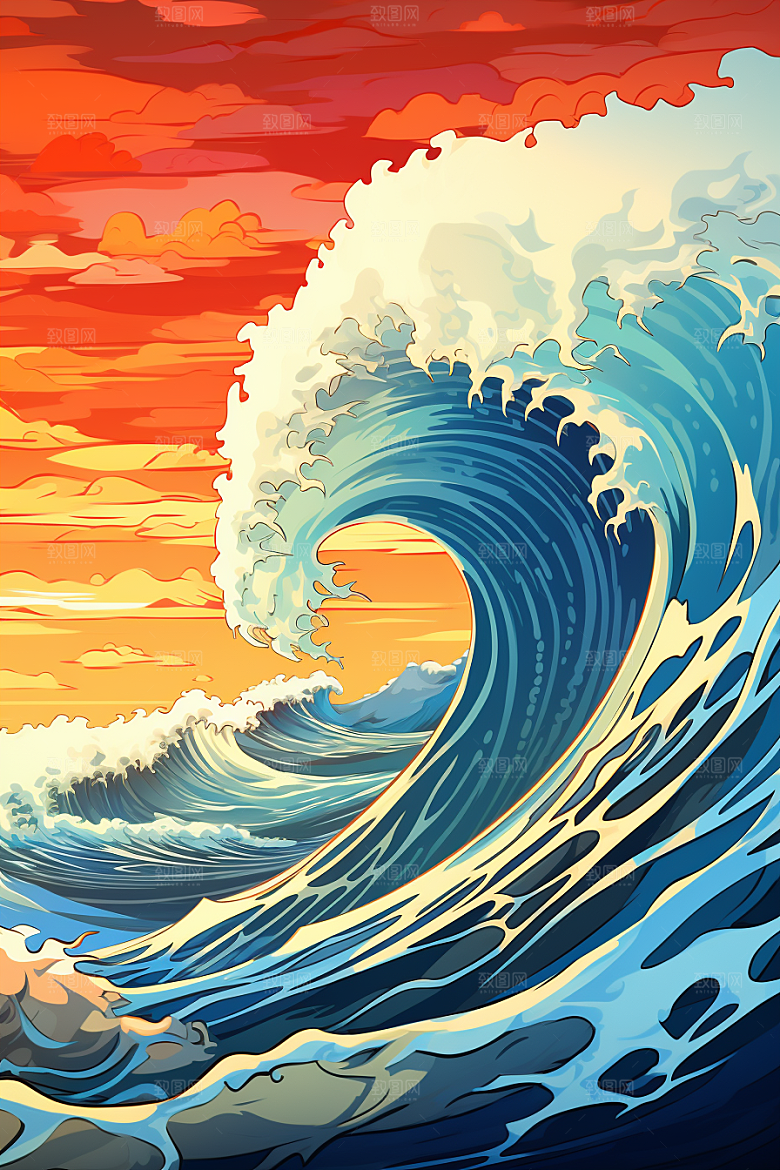 浪花浮世绘风俗画版画插画