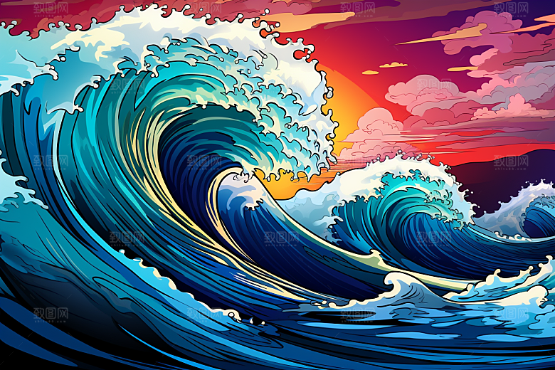 浪花浮世绘海报风高清插画