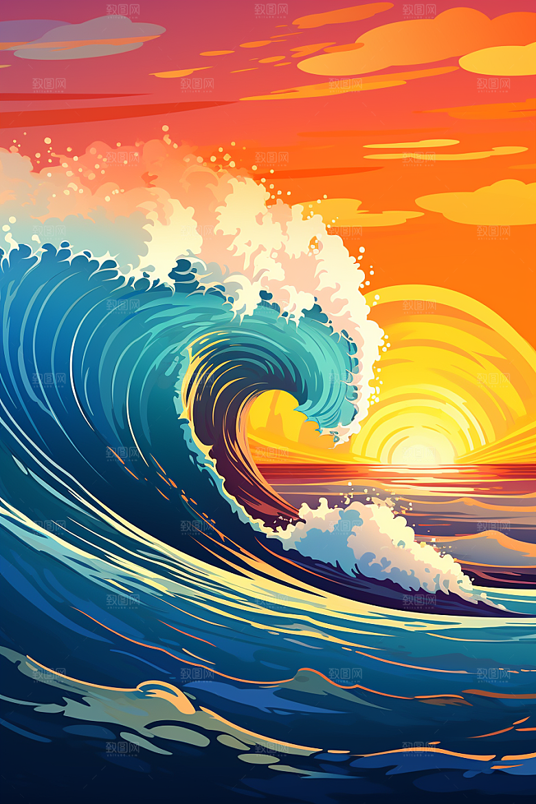 浪花浮世绘日本艺术风格彩色插画