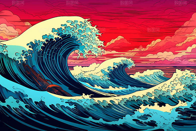 浪花浮世绘彩色高清插画