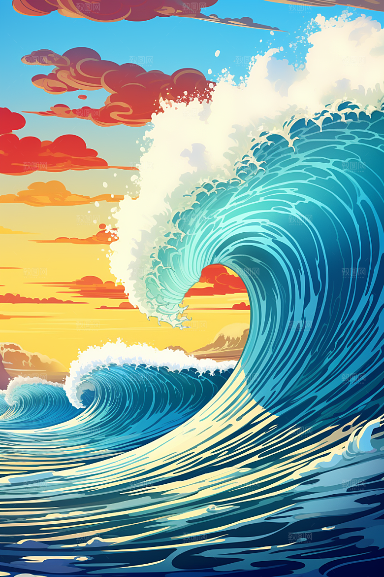 浪花浮世绘版画彩色插画
