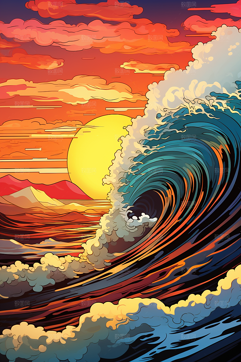 浪花浮世绘海报风版画插画