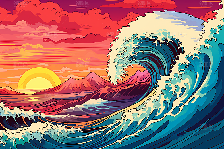 浪花浮世绘高清风俗画插画