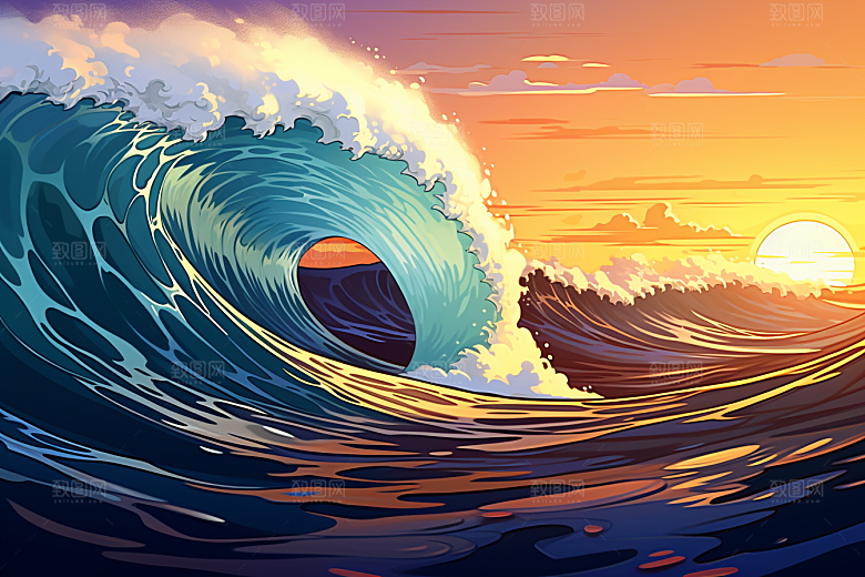 浪花浮世绘海报风高清插画