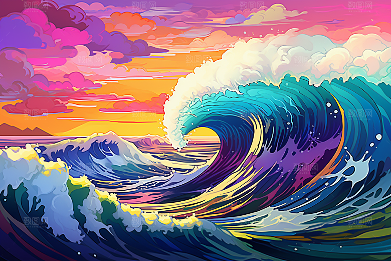 浪花浮世绘彩色日本艺术风格插画